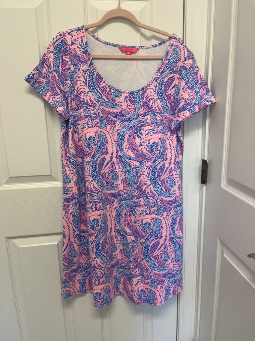 Lilly Pulitzer Pink and Blue Alligator Scoop Neck Printed Dress